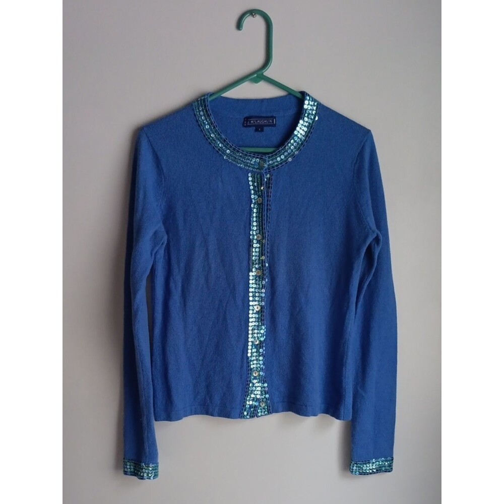 J. McLaughlin Medium Blue Sequin-Trim Cotton Cashmere Sweater Cardigan